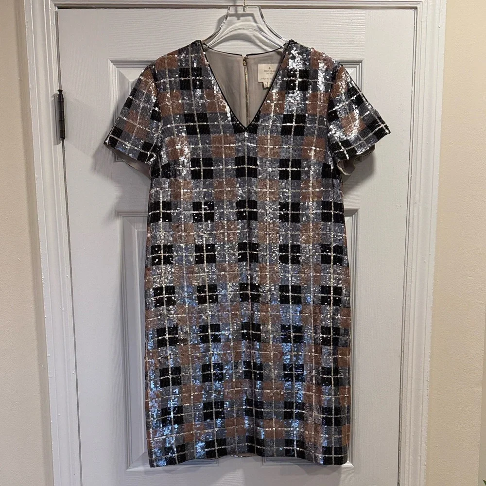 *Kate Spade Sequin Plaid Shift Dress Pumice 6 V Neck Short Sleeve Mini | AT 728